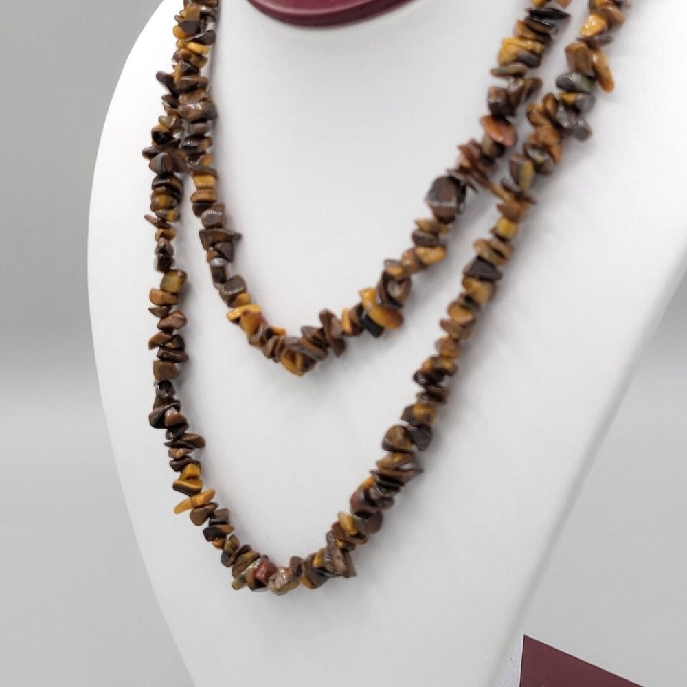 Unisex Natural Brown Tiger's Eye Stone Chips Beaded Fashion Necklace 32 in - Picture 3 of 5